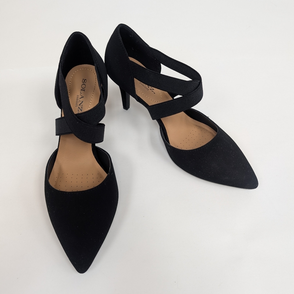 Solanz Black Velvet Strappy Neal Pointed Toe Stilleto Heels Pumps Size 8.5